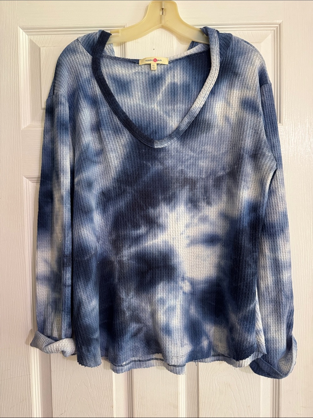 Wishful Park Blue Tie-Dye V-Neck Waffle Knit Long Sleeve Top